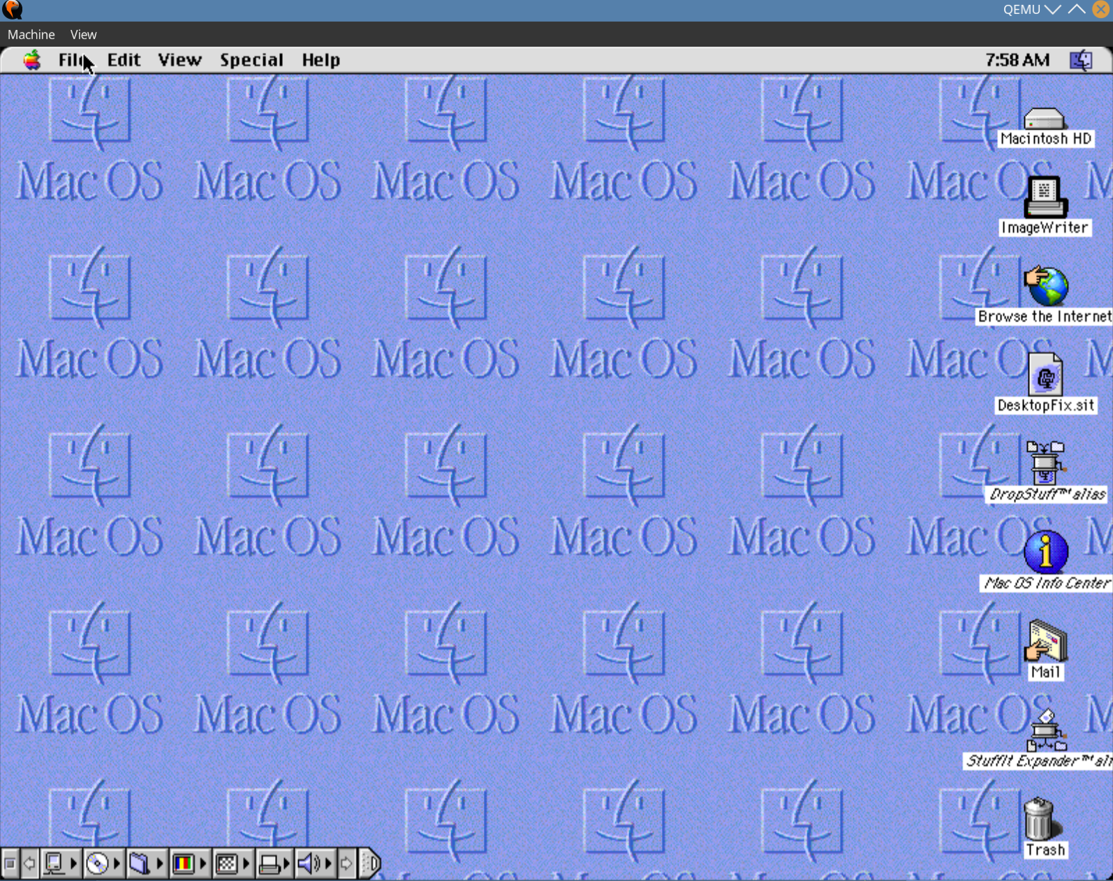 QEMU Quadra 800 running Mac OS 8.1 at 32bpp with DesktopFix installed - clean desktop